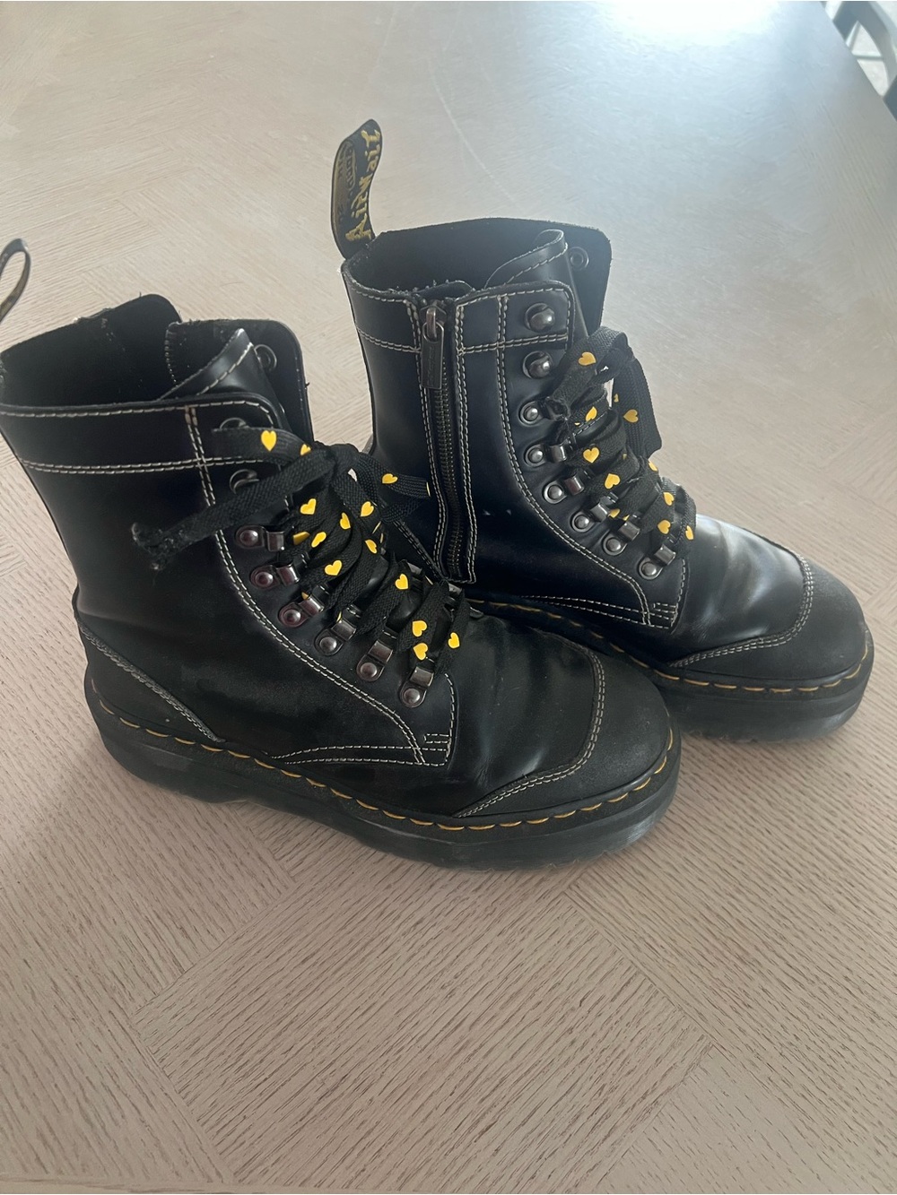 Dr. Martens Black Leather Combat Boots with Yellow Stitching and Laces